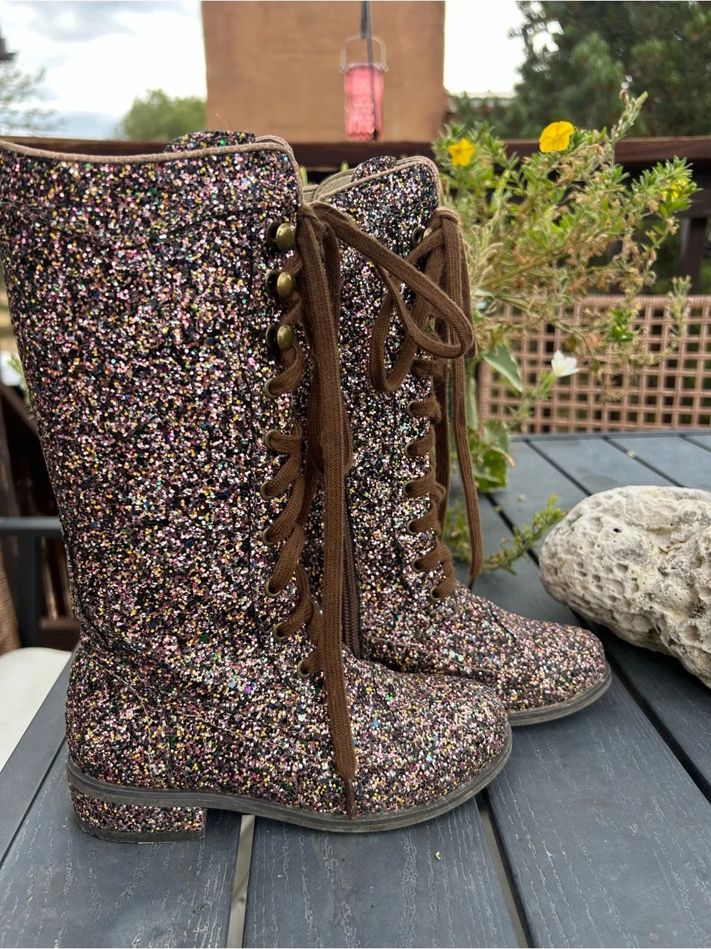Joyfolie Keiko Girls Multicolor Glitter Lace-Up Combat Boots